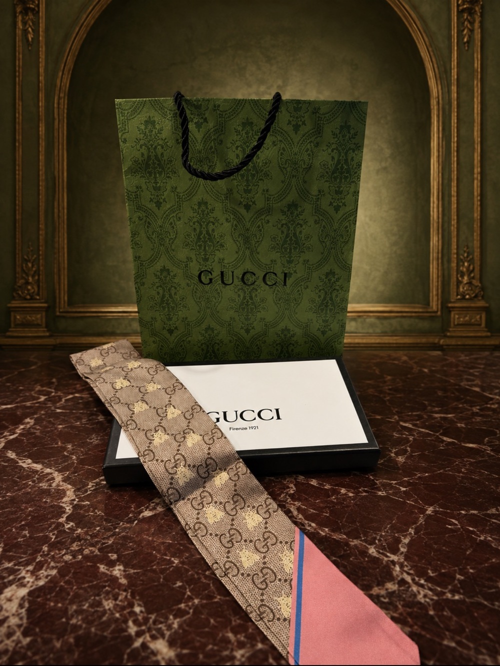 Gucci Beige Monogram Silk Twilly with Bee & Pink Ends